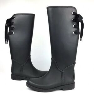 Coach Tristee Rain Boots Black Matte Back Lace Up Size 8B
